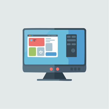 Flat design computer monitor with sample website on screen
