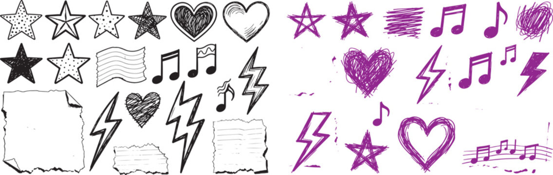 Hand drawn doodle set with stars hearts musical notes lightning bolts and torn paper scraps in black and purple ink