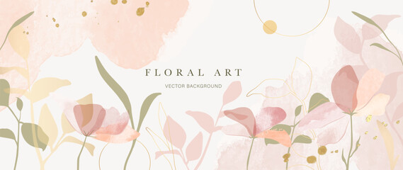 Fototapeta premium Floral art background vector. Soft pastel watercolor flowers and botanical leaves with gold accents on beige for wedding invitation, feminine banner, elegant card and romantic cover.