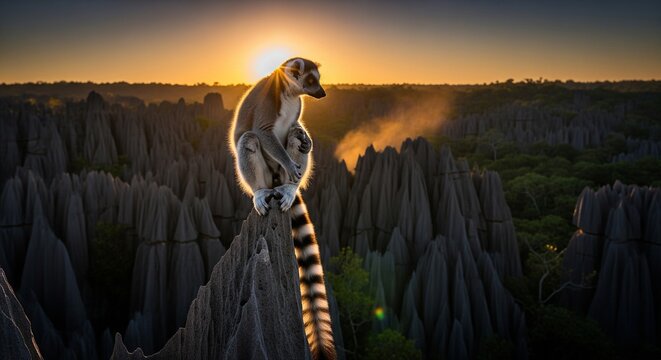 A ring-tailed lemur perched on a sharp limestone needle at the Tsingy de Bemaraha national park during a golden sunset, with a deep green forest below.