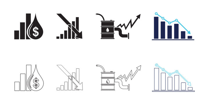Collection of economic charts and oil industry icons showing decline and growth trends
