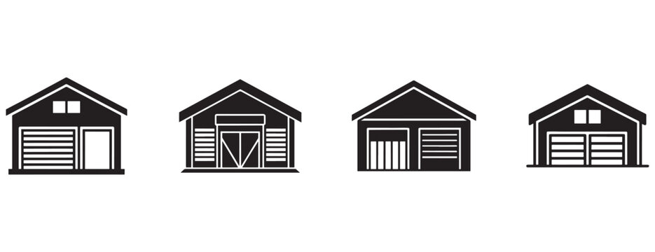 barns and garages with various door types and windows isolated on transparent background