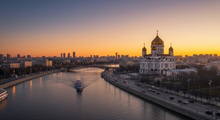 Obraz premium Sunset over city river landscape.