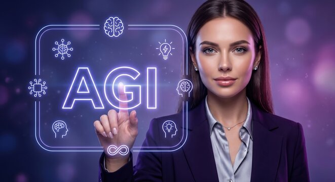 Professional businesswoman interacting with futuristic artificial general intelligence agi digital interface displaying neural network icons and technological symbols on a dark purple background