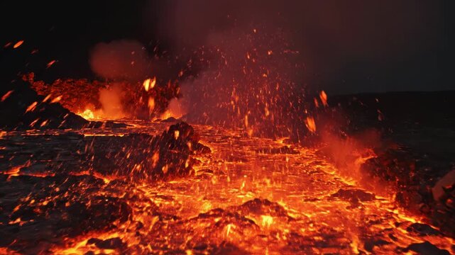Molten lava stream flowing across cracked volcanic rock at night with glowing orange fissures, rising steam clouds, and fire fountains illuminating the dark geothermal landscape.