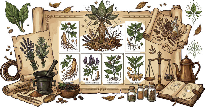 Vintage Witchcraft and Alchemy Botanical Illustration Set Featuring Mythical Mandrake Root Magic Herbs Spell Book Mortar Pestle Scales and Apothecary Elements