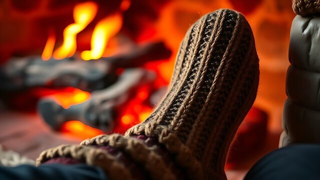 Cozy wool socks near fireplace embers with warm orange glow and soft directional lighting.