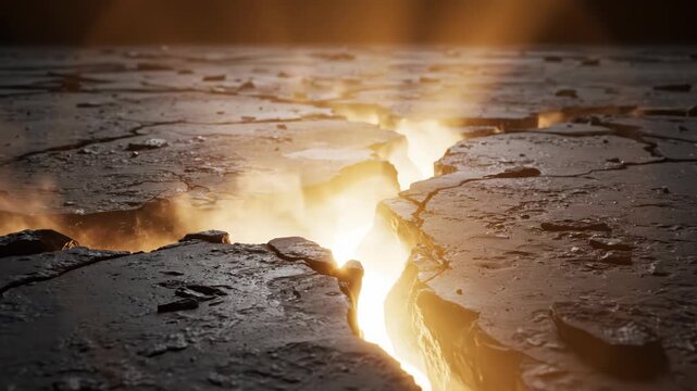 Macro view of dark textured cracked ground surface with a deep central fissure emitting intense orange light and glow from underneath the broken parched earth material.