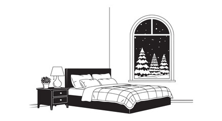 Fototapeta premium Cozy bedroom scene with a view of a snowy winter forest at night through an arched window