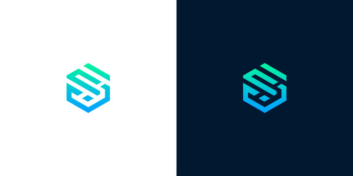 Modern geometric letter S monogram logo template, hexagonal shape with blue and green gradient on white and dark background