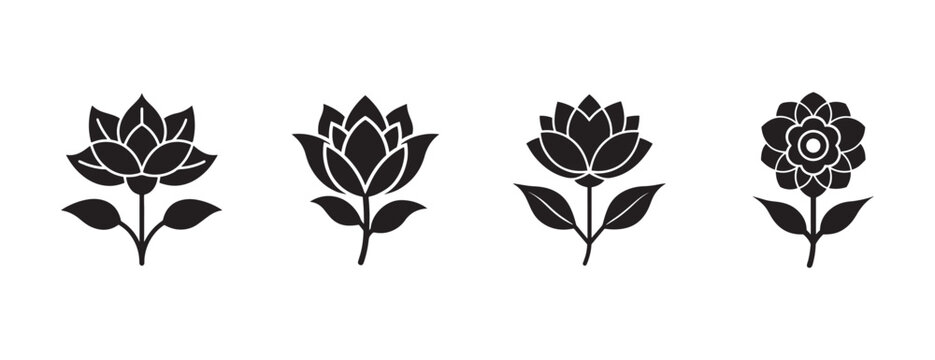 elegant black floral icons featuring lotus and daisy designs with intricate petals and leaves isolated on transparent background