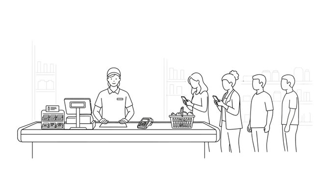 Shoppers queuing in line at a supermarket checkout with a cashier. Outline illustration depicting retail transactions and customer service.