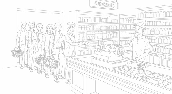 Illustration of people waiting in a long line at a grocery store checkout, with a cashier scanning items and shoppers holding baskets.