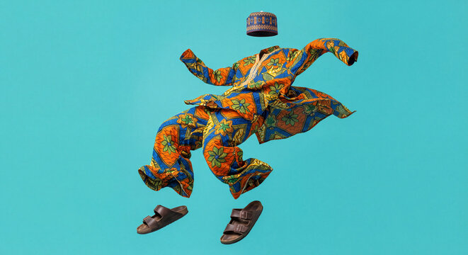 African 90s Fashion Outfit Flying on Flat Color Background