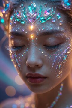 Primo piano di una donna eterea con trucco fantasy, cristalli luminosi e gemme iridescenti sul viso, ritratto digitale onirico