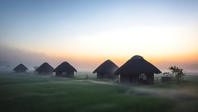 Thatched cottages at the edge of a misty field at dawn, soft morning light.