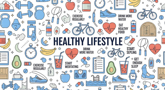 Healthy lifestyle and fitness concept seamless pattern background with lifestyle wellness exercise nutrition activity healthcare background training vitality wellbeing