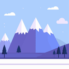 Fototapeta premium A serene mountain landscape with snow-capped peaks, trees, and a blue sky