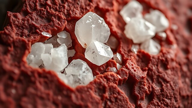 A cut deep red rock with large white feldspar crystals.