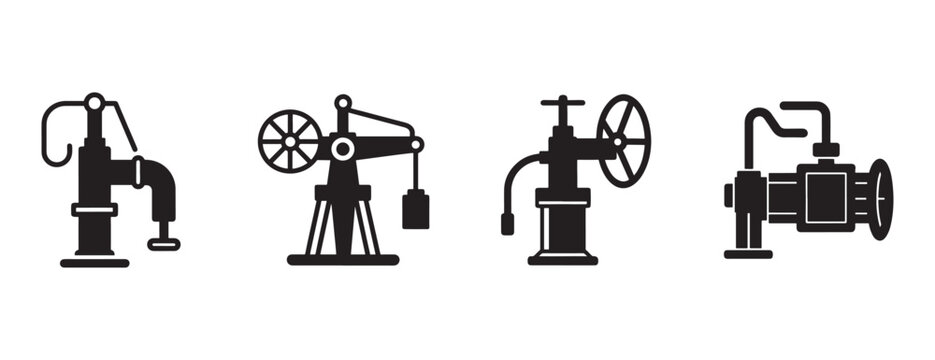 Industrial machinery icons featuring various mechanical devices such as pumps valves and gears isolated on transparent background