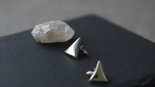Sterling silver stapes bone earring and quartz crystal on dark slate, jewelry presentation.