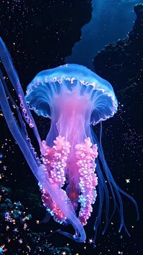 Bioluminescent sea creature floating in the deep blue ocean