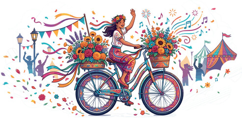 Fototapeta premium Colorful Summer Festival Parade Vector Illustration Featuring a Woman Riding an Ornate Flower Bicycle Surrounded by Music Notes Confetti and Carnival Tents