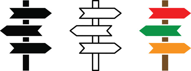 Directional signpost and wayfinding icon set vector illustration in black silhouette, outline and color styles. © Mi RAZU