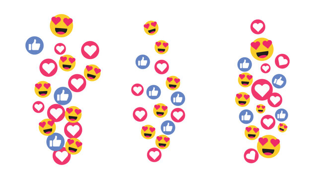 Social Media Reactions Stream Background with Like Icons Hearts and Heart Eyes Emojis Floating in Vertical Flow for Live Streaming Engagement and Digital Marketing Vector Illustration.