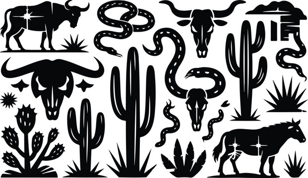 Retro western desert poster set with cowboy icons buffalo skull horses and sandstone formations