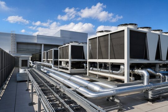 Industrial outdoor HVAC chillers and cooling units on roof of data center. Infrastructure for professional AI server cooling system. Technology for climate control and engineering.