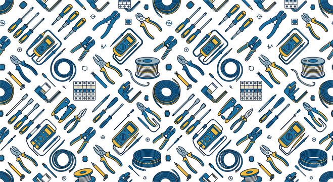 Electrician Service and Repair Seamless Pattern Featuring Digital Multimeters Wire Strippers Pliers Screwdrivers Cable Reels Insulation Tape and Electrical Maintenance Hardware Tools