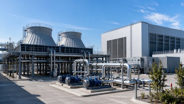 Industrial cooling towers and water pumps at data center facility. Modern climate control infrastructure for artificial intelligence server server hall. Engineering HVAC equipment view.