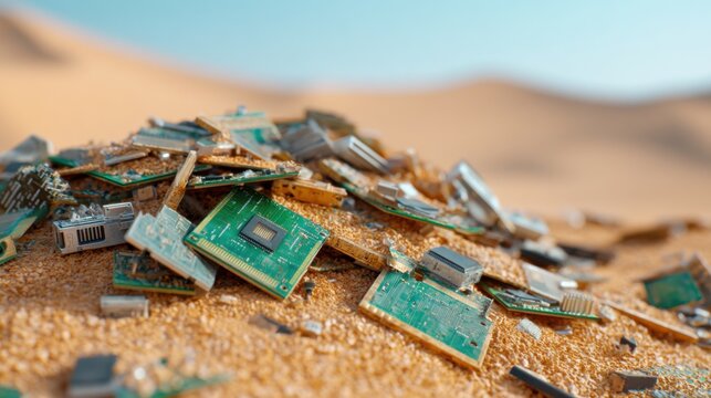 Cinematic shot of a massive pile of electronic waste, broken circuit boards and wires partially buried in desert sand, rusty textures, e waste crisis