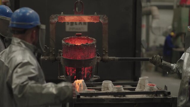 Pouring molten metal into casting molds in a steel industry foundry during a busy workday