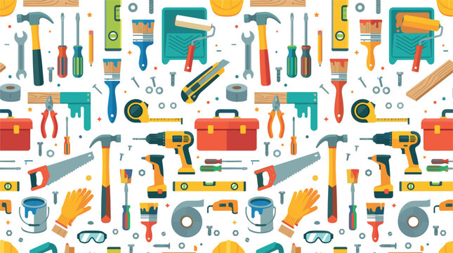 Home Improvement and DIY Construction Seamless Pattern Featuring Hand Tools Power Drills Hammers Paint Brushes Toolboxes and Renovation Hardware Elements