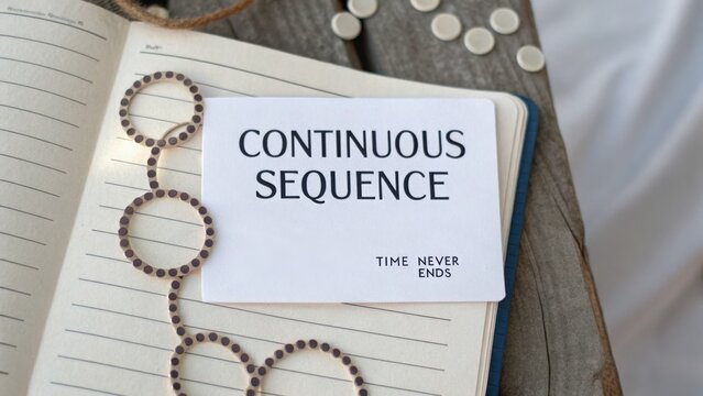 Conceptual representation of continuous sequence and time never ends with notebook, cards, and pebbles on a rustic wooden table