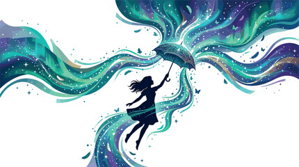 Magical Fantasy Silhouette Illustration of a Girl Floating with an Umbrella Amid Cosmic Northern Lights Swirls Stars and Flying Butterfly Trails © Md