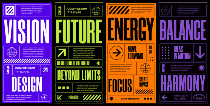 Futuristic typography poster collection with bold editorial layouts kinetic type design and retro tech graphic templates