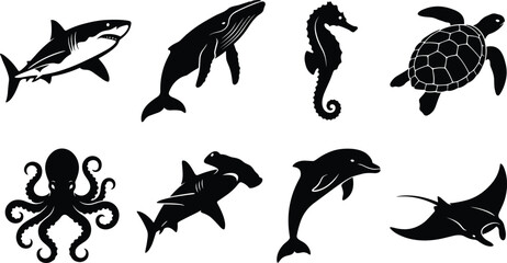 Collection of marine life silhouettes including shark whale seahorse sea turtle octopus dolphin and manta ray isolated on white background © SHAPLAKHATUN