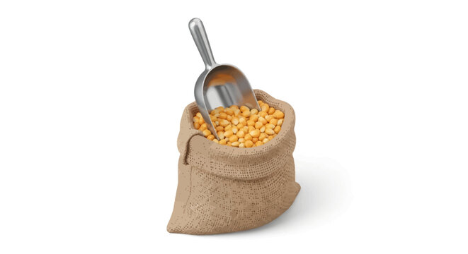 Burlap sack filled with golden popcorn kernels and a metal scoop