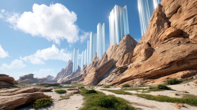 Low angle shot of tall, biomimetic fog harvesting structures on a rocky desert cliff, shimmering nano mesh panels collecting mist into visible streams