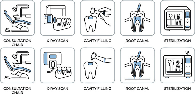 Dental Care and Stomatology Line Icon Set for Consultation Chair, X-Ray Scan, Cavity Filling, Root Canal Treatment, and Equipment Sterilization Procedures
