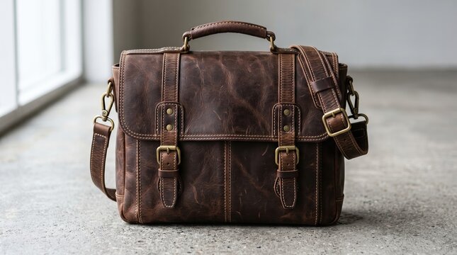 Rustic brown leather briefcase with strap and buckles