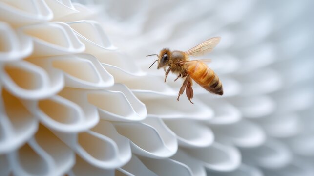 Macro shot of a honeybee hovering near a cold, geometric 3D printed plastic flower, synthetic texture vs organic life, soft focus background, loss