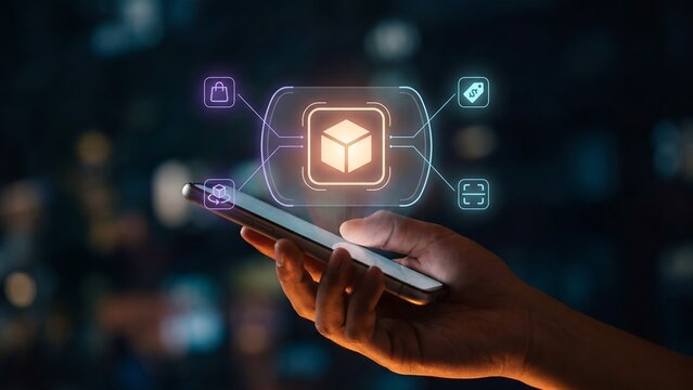 Businessman hand holding smartphone with glowing holographic cube icon screen shopping bag price tag scan symbols representing ecommerce shopping augmented reality technology