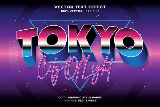 Tokyo editable text effect with retro synthwave 1980s and chrome gradient font style, 3D metallic lettering, neon pink script and geometric triangle on dark purple background