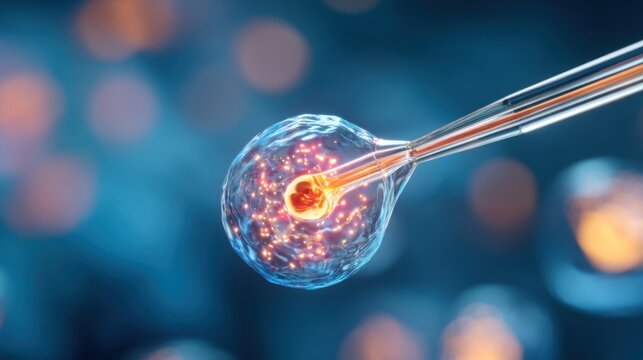 Microscopic view of a single biological cell being held by a glass micropipette, a nano mechanical needle performing gene editing, soft glowing nucleus