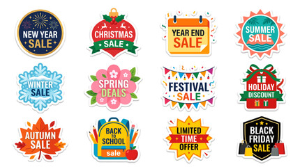 Naklejka premium Various colorful sale labels displayed on a surface for shopping