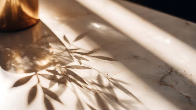 Elegant shadow play of leaves on marble surface indoor settings natural light calm atmosphere
